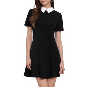 Flare Dress Contrast Doll Collar Short Sleeves Above Knee Dress Black